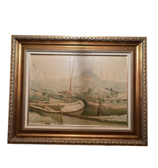 FARUK ÖZ – TUVAL ÜZERİ YAĞLIBOYA KARAKÖY/SÜLEYMANİYE CAMİİ MANZARASI